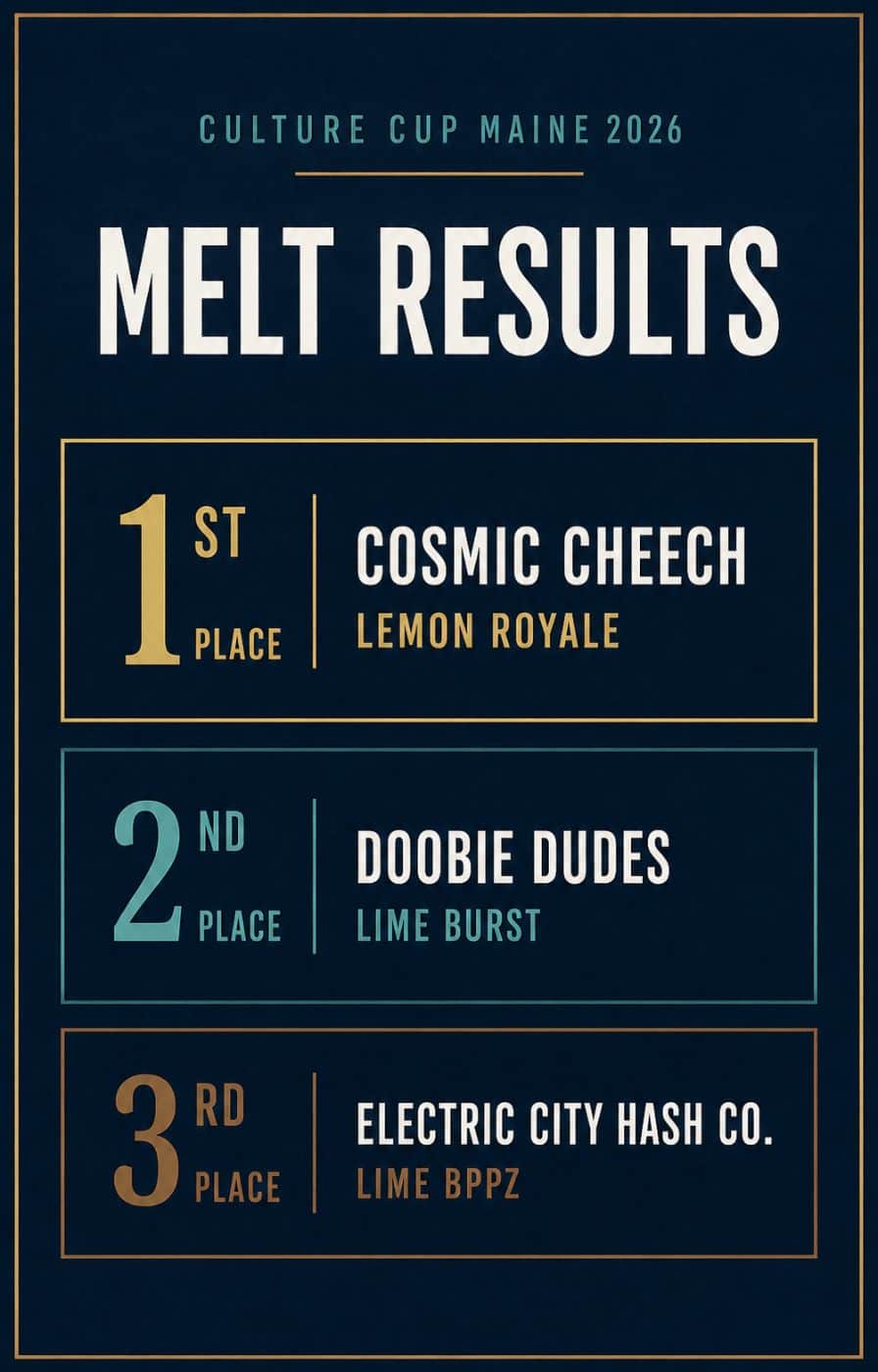 Culture Cup Maine 2026 melt results showing Cosmic Cheech first, Doobie Dudes second, and Electric City Hash Co. third